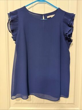 Naked Zebra Blouse Pleated Ruffle Sleeve Navy Blue Size Medium Sheer Top